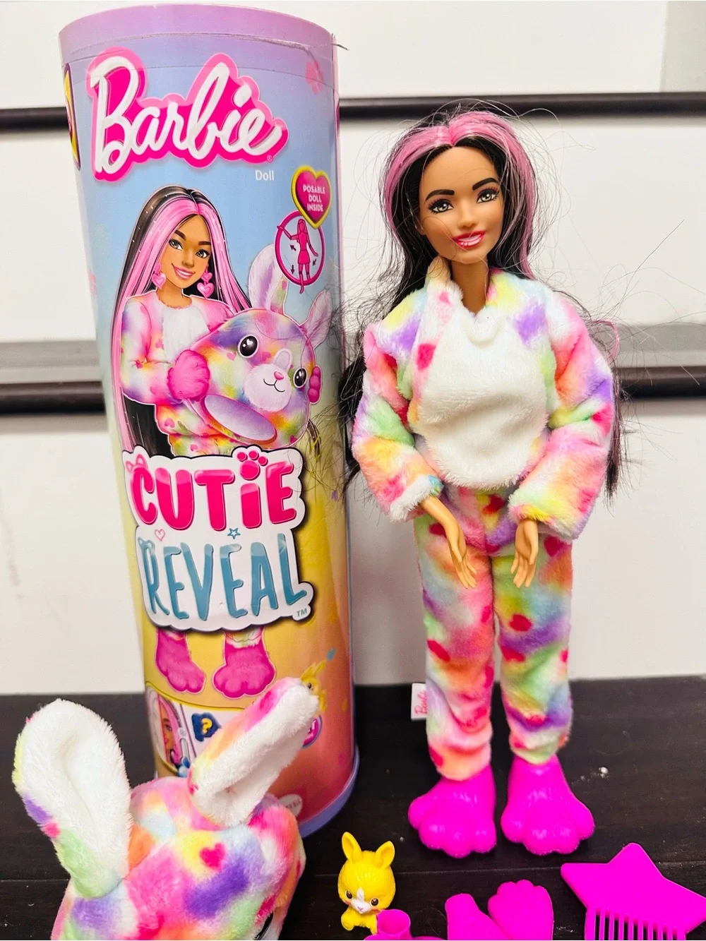 Barbie Doll in Rainbow Plush Pajamas with Bright Pink Accessories